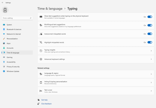 Typing settings in Windows 11.