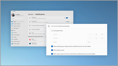 Windows Notification Settings with a closeup of Turn on do not disturb automatically