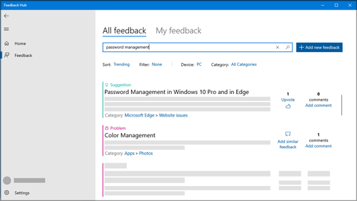 The Search Feedback dialog in Feedback Hub