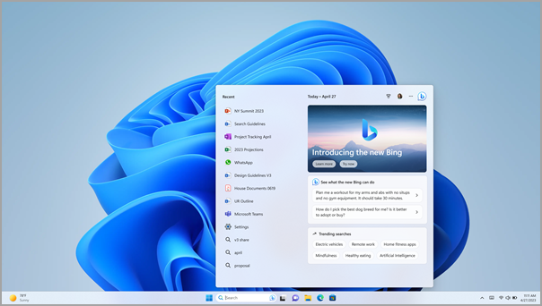 The new Bing Search experience on the Windows 11 taskbar.