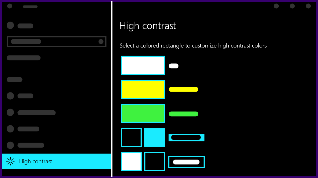 An illustration of what the high contrast settings look like in Windows 10.